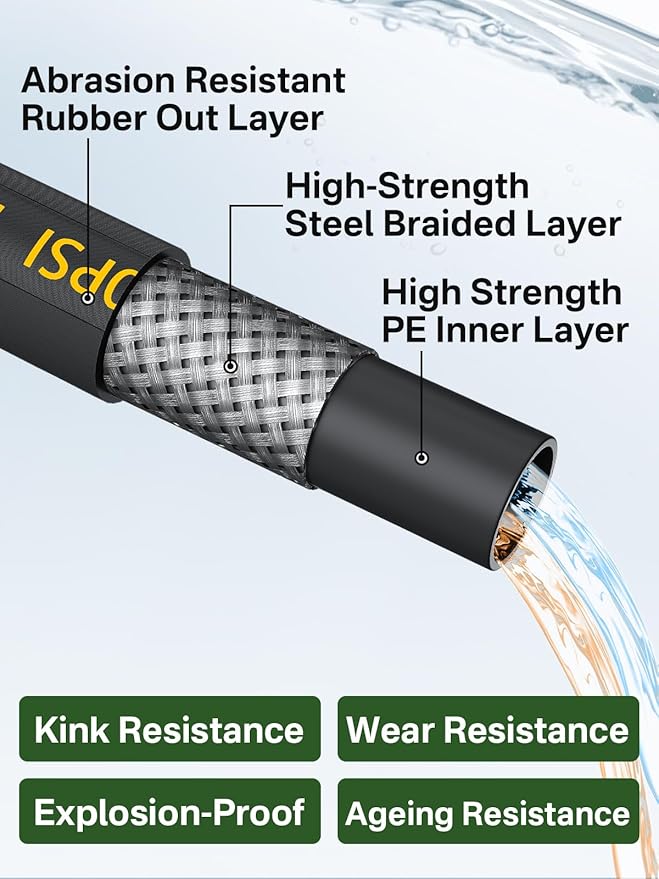 4200PSI Pressure Washer Hose 125FT with 3/8" Swivel Quick Connect for Cold/Hot Water, Kink Resistant Steel Wire Braided, Wear Resistant Power Washer Hose with 2 M22 14mm Adapter Set
