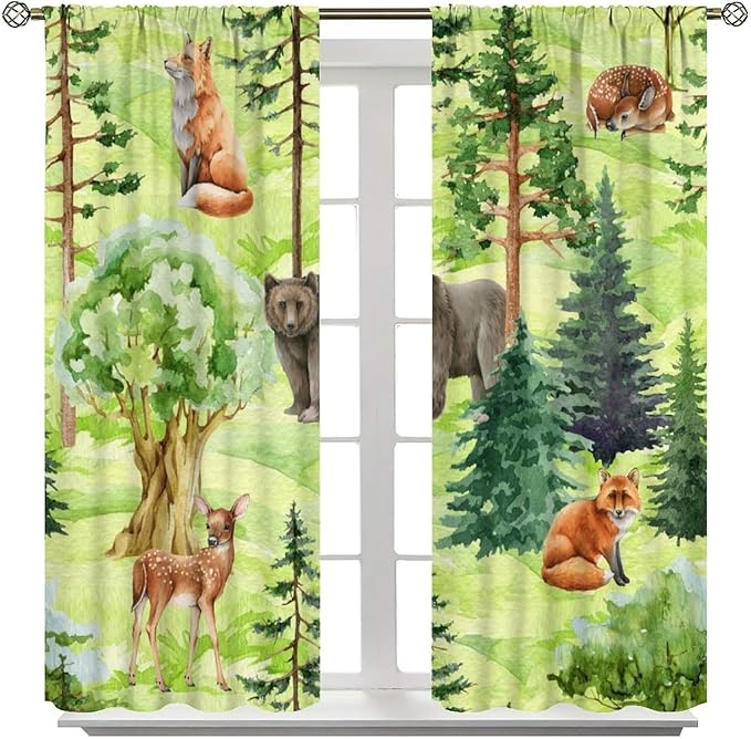 Woodland Animal Curtains, Watercolor Jungle Animals Fox Bear Pattern Blackout Window Treatments, Rod Pocket Thermal Insulated Drapes 2 Panel Sets for Kids Bedroom Nursery Classroom, 42" W X 54" L
