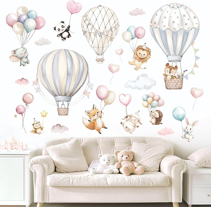 Cartoon Hot Air Balloons Wall Stickers Animals Self Adhesive Non-Toxic Wall Decals for Kids' Bedroom Living Room