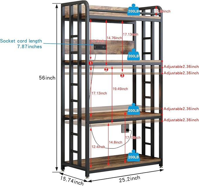 Adjustable 4-Tier Heavy Duty Kitchen Baker's Rack with Power Outlet, with Industrial Wheels, Free Standing Microwave Oven Cart Stand for Storage in Living Room, Garage, Rustic Brown
