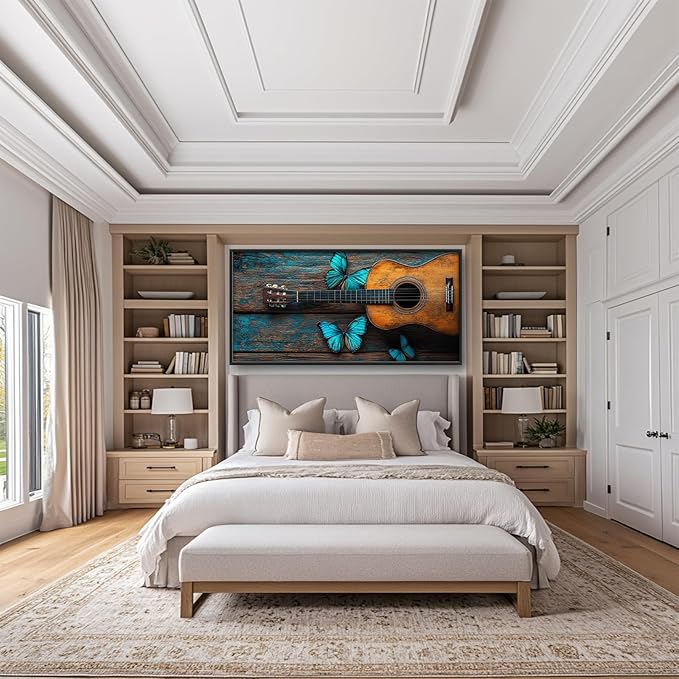Olivine Music Wall Art, Guitar Pictures Wall Decor, Butterfly Painting, Vintage Musical Instruments Canvas Prints, Framed Artwork for Bathroom Bedroom Living Room Office Home Decoration 60"x30"