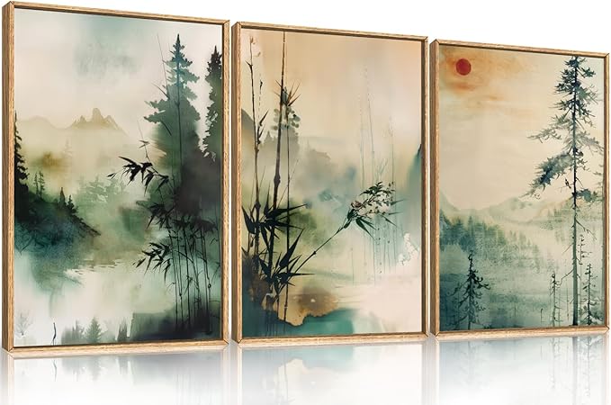 Chinoiserie Nature Framed Canvas Wall Art Set, Mountain and Forest Landscape Painting, Natural Bamboo Pine Tree Lakes Wall Decor for Living Room, Bedroom, Dining Room, Office - 16"x24"x3