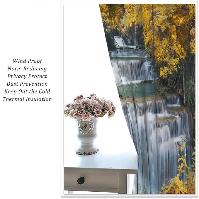 Waterfall Blackout Curtain, Autumn Season Trees Leaves Natural Landscape Window Drapes, for Bedroom Living Room 72" W X 63" L