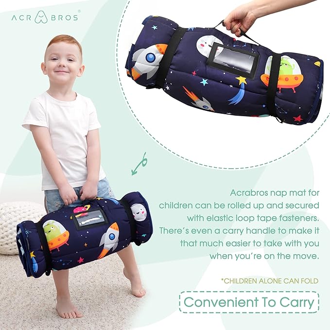 ACRABROS Toddler Nap Mat with Pillow and Blanket, Extra Large Rolled Napping Mats,Slumber Bags for Boys Girls,Kids Sleeping Bag for Daycare, Preschool Travel Camping,Space