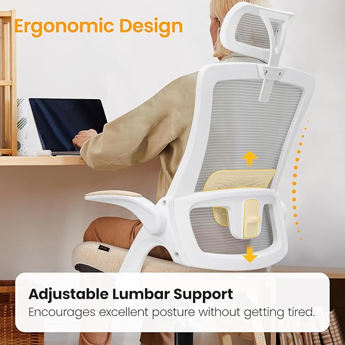 NEO CHAIR Ergonomic Office Desk Chair High Back Computer Gaming Mesh Chair with Comfy Task Adjustable Arms Lumbar Support Headrest Swivel for Home Office (Beige)