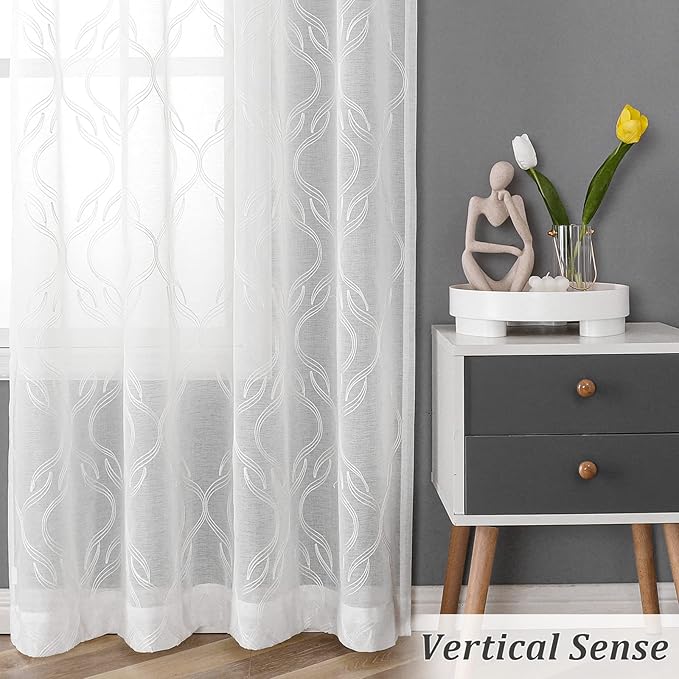 VISIONTEX Sheer Curtains, White Moroccan Embroidery Texture Geometric Rod Pocket White Voile Tulle Semi Window Treatment Pair for Bedroom, W54 x L54