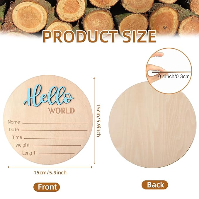 Baby Announcement Sign, 5.9 Inch Wooden Hello World Newborn Signs, Birth Announcement Sign, Baby Shower Hospital Nursery for Newborn Boys and Girls (Sky blue)