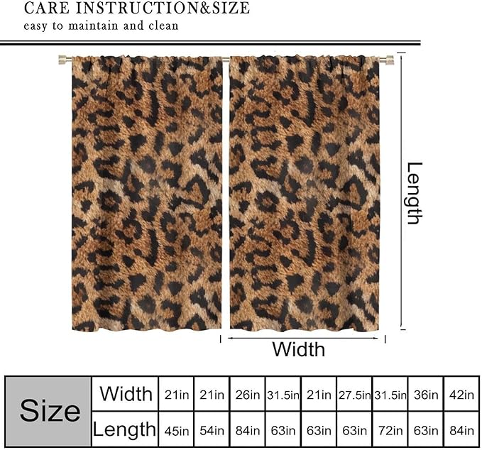 Leopard Print Window Curtains, Animal Fur Skin Brown Farmhouse Wild 3D Rustic Safari Theme Window Treatments for Kids Bedroom Living Room 63" W X 63" L