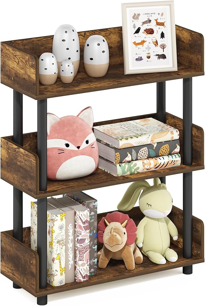 Furinno Turn-N-Tube 3-Tier Multipurposes Display Rack, Open Shelf Rack/Storage with Back & Side Panel, Amber Pine/Black