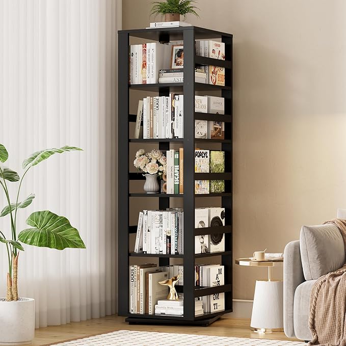 Homykic Rotating Bookshelf, Bamboo 360 Display Spinning Bookshelf Tower, 5-Tier Small Corner Bookcase for Small Spaces, Narrow Revolving Book Shelf Organizer Rack for Home Office, Black