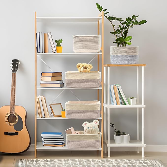 COMFY-HOMI 11.5"x7.5"x4.7" Storage Baskets for Organizing | Cotton Rope Woven Basket | Toy Storage Bin Box | Basket for Shelves, Closet Organizer Bin, Decorative Closet Shelf, 3 Pack, Beige brown