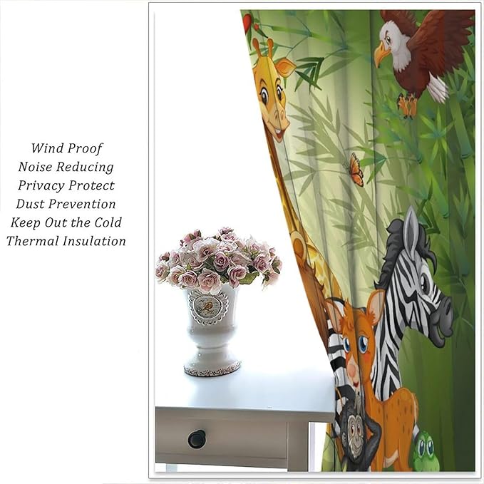 Cartoon Animal Curtains, Cute Animals Bamboo Forest Blackout Window Treatments, Rod Pocket Thermal Insulated Drapes 2 Panel Sets for Kids Room Nursery Classroom, 52" W X 84" L