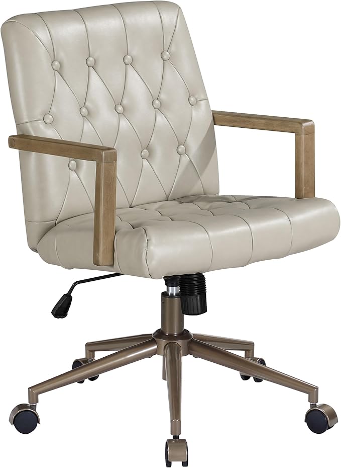 OSP Home Furnishings Waltham Adjustable Height and Tilt, Swivel Home Office Chair with Wood Arms, Taupe Faux Leather