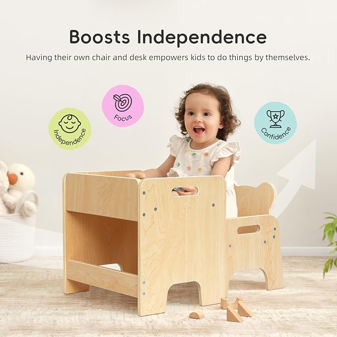 OOOK Montessori Weaning Table and Chair Set, Kids Activity Wooden Toddler Table and Chair, for Eating, Reading, Drawing, Play, Step Stool, Montessori Furniture for Toddlers 1-3