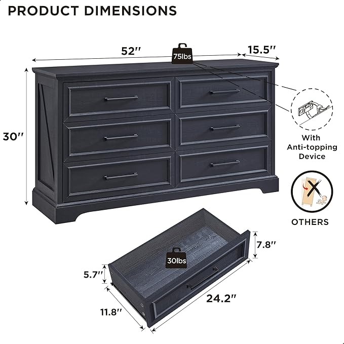 ACCOHOHO Farmhouse 6 Drawer Dresser for Bedroom, 52 Inch Wide Modern Dresser TV Stand with Large Drawers & Bar Handles, Rustic Wood Chest of Drawers for Bedroom, Living Room, Hallway, Black