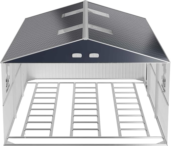 Metal Garage Shed 13x20x8.5' with Floor Frame Kit, Large Outdoor Storage Building Ultra-Reinforced Truss System, with Skylights Dual-Entry Steel Carport Workshop for Car Boat Big Tool Organization