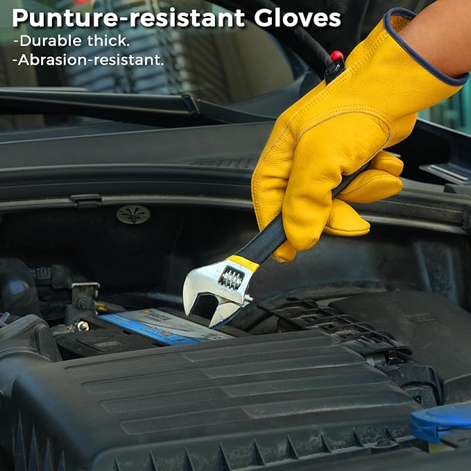 Leather Work Gloves, Reinforced Durable Gardening Gloves,Cowhide Work Gloves,Puncture & Cut Resistant
