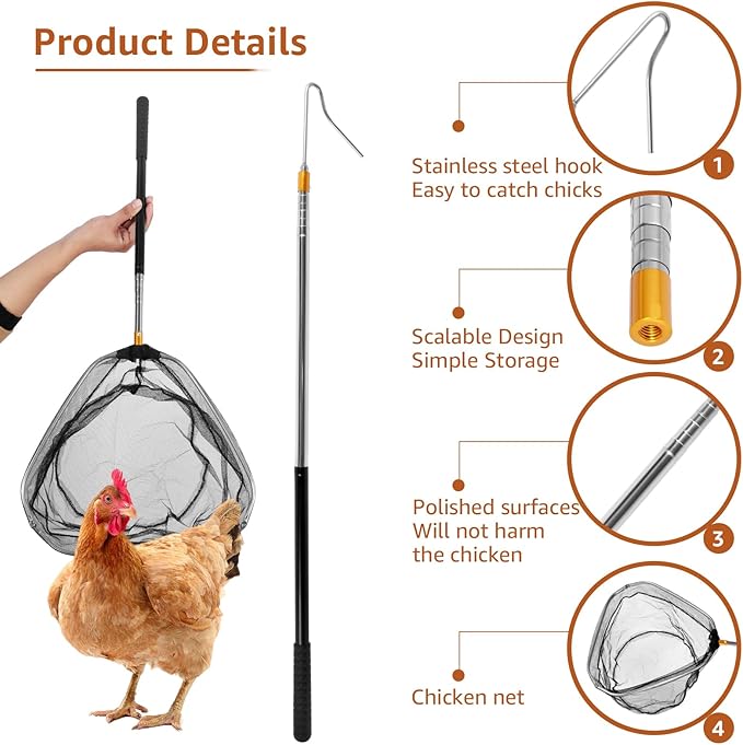 Telescopic Chicken Net and Chicken Catcher Leg Hook, 58.5 Inch Long Chicken Net with Non Slip Rubber Handle Small Chicken Catching Net Poultry Hook Chicken Catcher with Hook Head for Outdoor