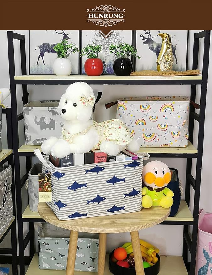 HUNRUNG Rectangle Storage Basket Cute Canvas Organizer Bin for Pet/Children Toys, Books, Clothes Perfect for Rooms/Playroom(Shark)