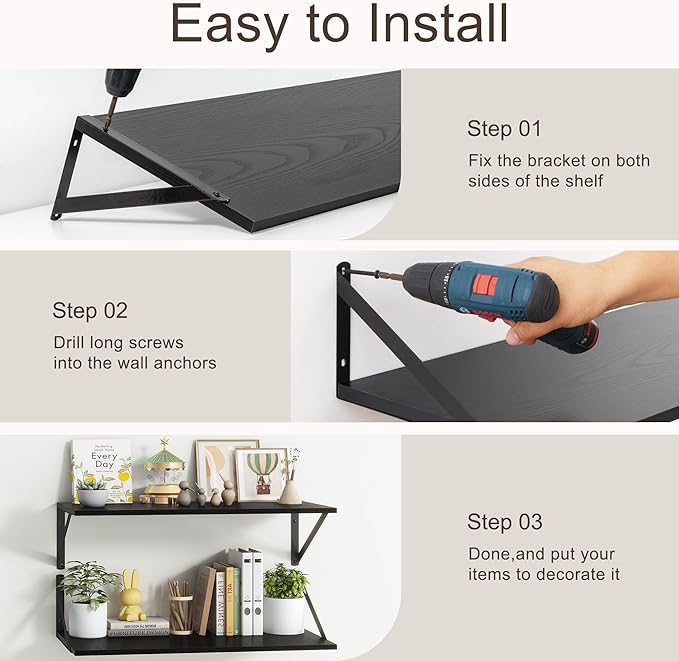 Floating Shelves 48 Inch Long, 10" Deep Floating Shelves, Black Wall Shelves 48 x 10, Set of 2, Wide Large Display Storage Shelves for Bathroom, Living Room, Rustic Wood Shelves with Brackets
