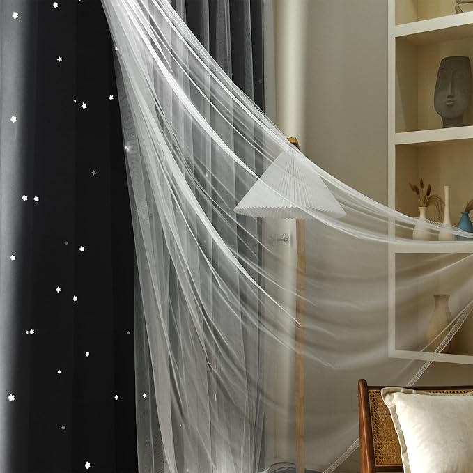 Kinryb Black Star Cutout Blackout 84 Inches Curtains Double Layer with Sheer Overly Curtains for Bedroom Thermal Insulated Window Treatment Set with 2 Free Tiebacks (52W x 84L 2 Panels Black)