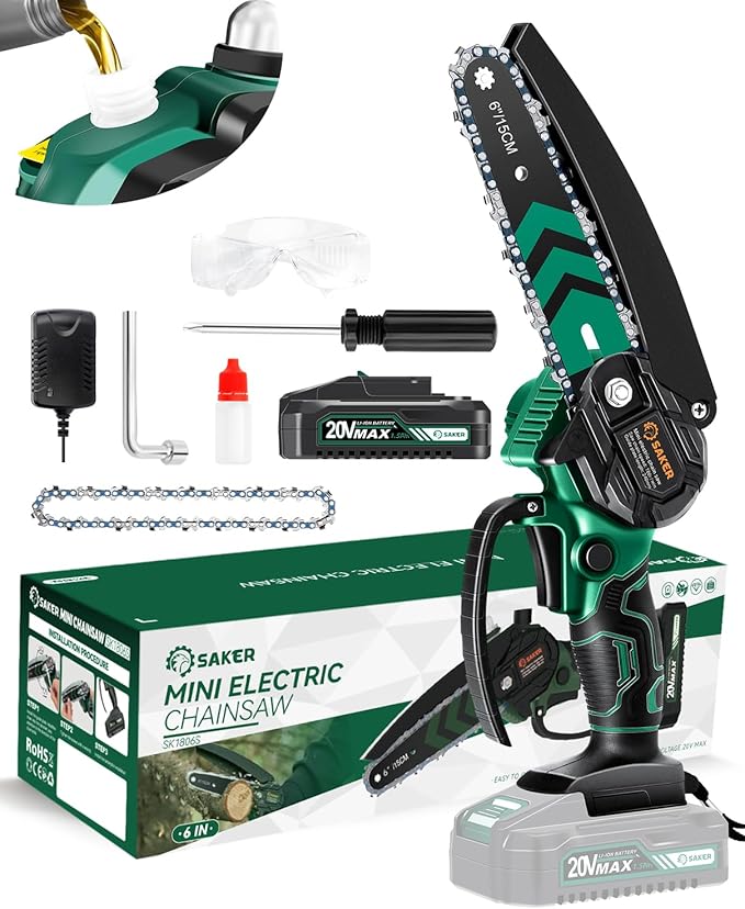 Saker Mini Chainsaw with Auto Oiler|6 Inch Chainsaws[2025 Upgraded]|Mini Cordless Electric Chain Saw|Small Handheld Portable Chainsaw Battery Powered for Tree Trimmer and Garden 1 Battery+2 Chains
