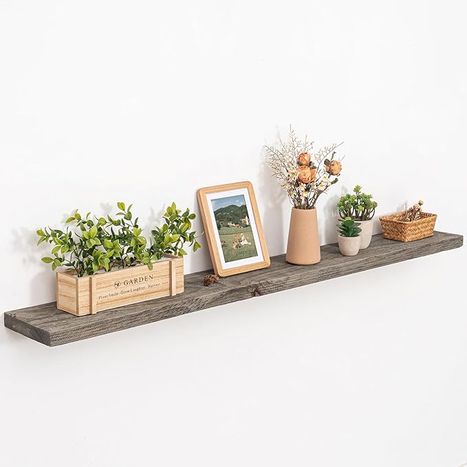 Solid Wood Floating Shelves, 8" Deep Rustic Reclaimed Barnwood Wall Hanging Floating Shelf with Invisible Heavy-Duty Metal Bracket | Wall Mounted | Farmhouse Style | 55 inches,1PC,Grey
