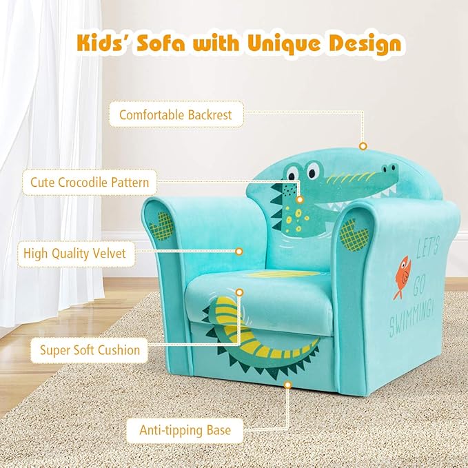 Costzon Kids Couch, Children's Sofa Armrest Chair with Pattern, Toddler Furniture w/Sturdy Wood Construction, Preschool, Lightweight Kids Couch Sofa Chair for Aged 1-5 Boys & Girls Gifts, Crocodile