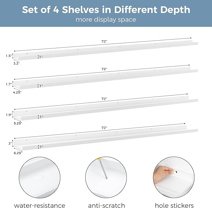 Picture Ledge Shelf for Wall, 72 inch Nursery Book Shelves 4 Packs, Large Long Floating Ledge Shelves for Kid's Room Bedroom Bathroom Living Room Photo Frames Office Nursery Wall Decor, White
