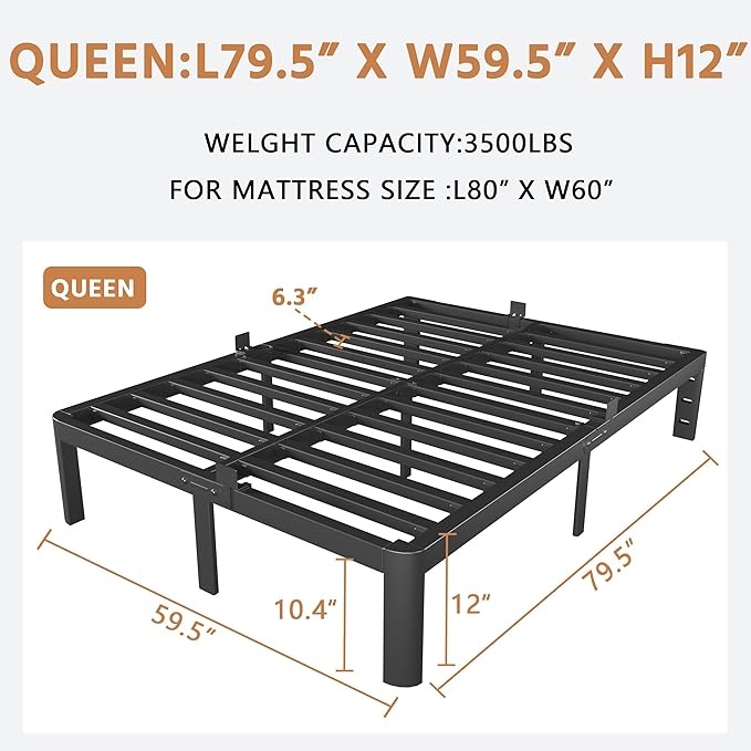 Black Queen Bed Frame 12 Inch, Metal Queen Size Bed Frame No Box Spring Needed, DIY Headboard Holes, Heavy Duty Steel Support 3500 LBS, Noiseless, Round Corner Leg, Storage Space, Easy Assembly