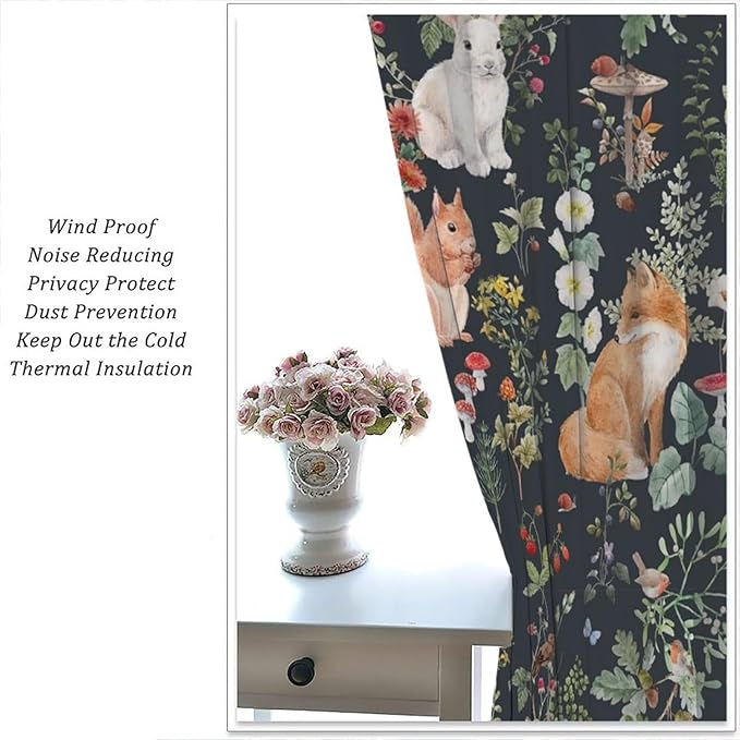 Animal Curtains, Watercolor Forest Animals Plants Pattern Blackout Window Treatments, Rod Pocket Thermal Insulated Drapes 2 Panel Sets for Bedroom Living Room, 63" W X 72" L