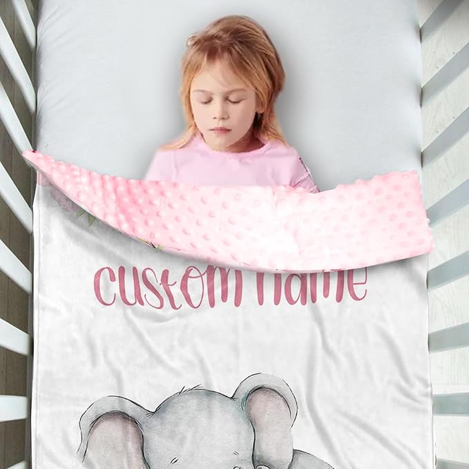 Custom Name Baby Blanket for Girls, Personalized Flannel Blanket with Dotted Backing, Soft and Cozy Swaddle Blanket for Infants and Toddlers, Elephant Love Theme