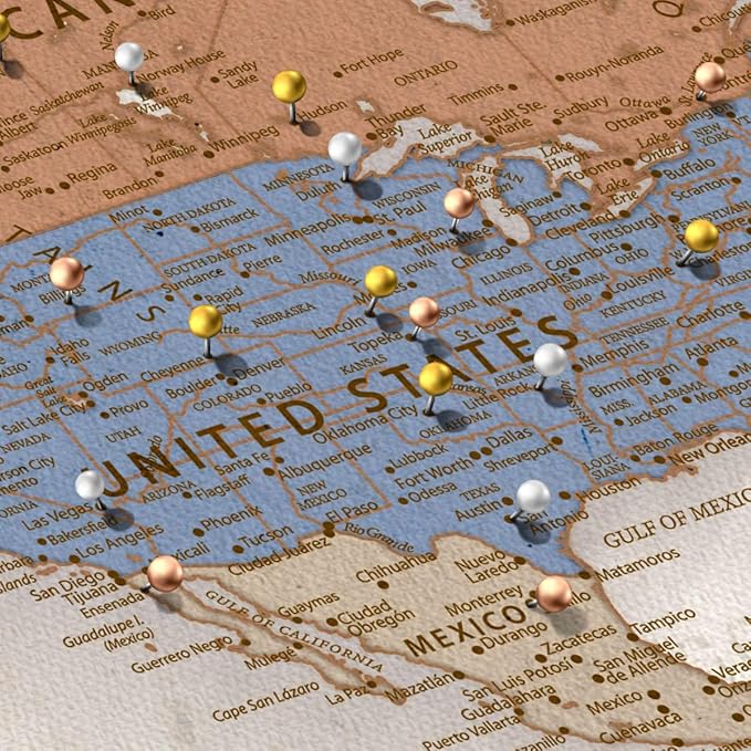 ElephantStock - Personalized Journey V Push Pin World Map Wall Art - Horizontal Canvas Wall Art - Living Room Wall Decor - Digital Art Map Canvas Art - Beige And Orange Decor - 39" x 26"