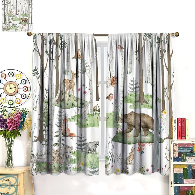 YCness Woodland Animals Curtains, Wild Animals Watercolor Forest Bear Deer Fox Rabbit Floral Nature Window Treatments for Bedroom Kitchen Nursery Living Room Drapes, 55x63 Inch