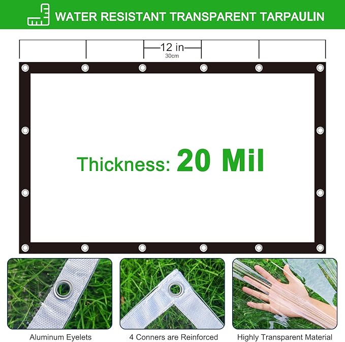 Clear Tarp 8x12ft Clear Tarps Heavy Duty Water Resistant,20Mil Thickened Transparent Tear Resistant PVC Vinyl Tarpaulin Enclosurewith Grommets and Reinforced Edges for Patio,Porch and Multipurpose