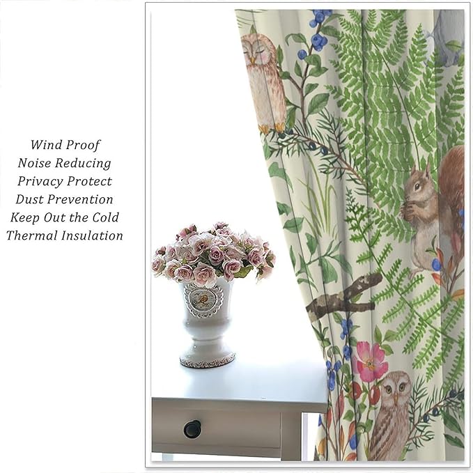 Forest Animal Curtains, Kids Rustic Wild Animal Window Treatments Watercolor Cute Woodland Fox Hedgehog Window Drapes for Nursery Toddler Bedroom 42x63in