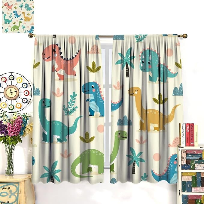 Fun Dino Curtains, Cute Colorful Dinosaur Pattern Blackout Window Treatments, Rod Pocket Thermal Insulated Drapes 2 Panel Sets for Children Boys Bedroom Nursery Classroom, 72" W X 63" L