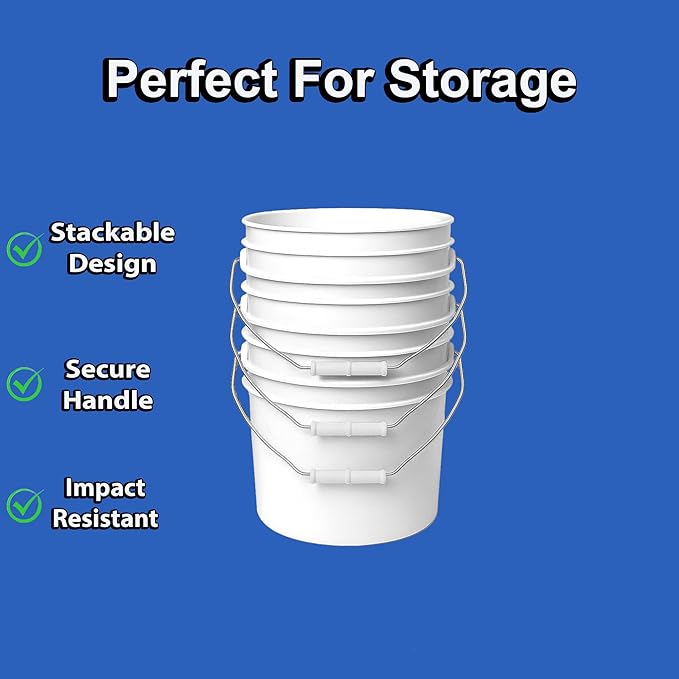 2-Gallon Bucket with Airtight Lid – Made in USA, Food Grade BPA Free Plastic, Heavy Duty Multi-Use, Metal Handle with Grip, Stackable Storage – White, 3 Pack