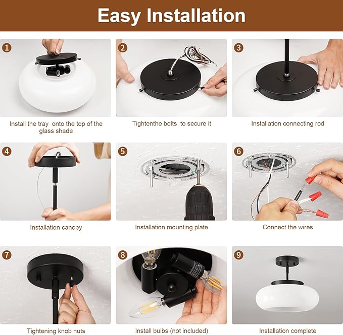 Mid-Century Modern Black Semi Flush Mount Ceiling Light, 3-Light Kitchen Light