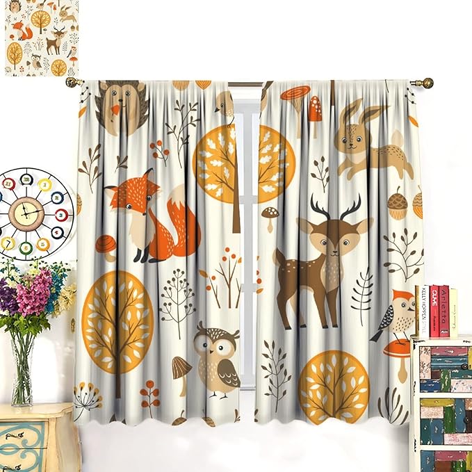 Kids Forest Animal Curtains,Baby Bedroom Window Treatments, Cartoon Watercolor Forest Animal Lion Boys Girls Children Bedroom Drapes 72x63in