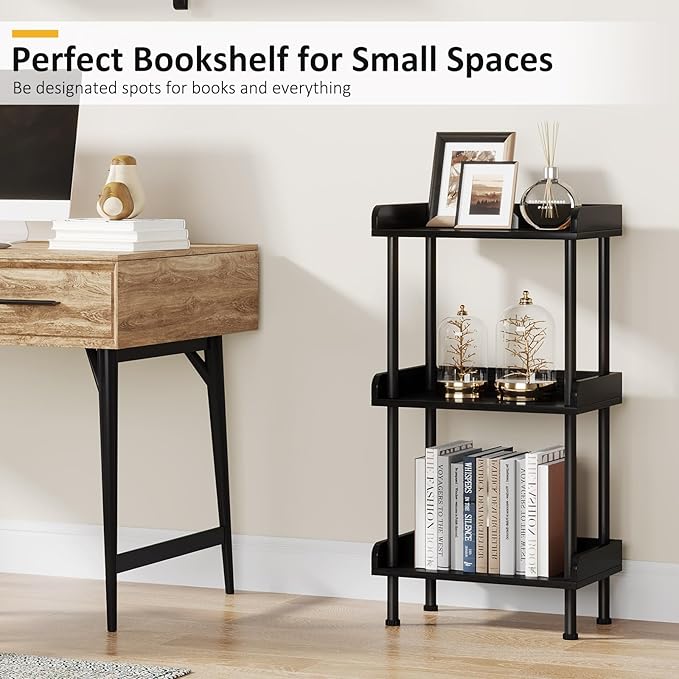 Hosfais Bookshelf Small Book Shelf, 3 Tier Wood Bookcase Industrial Bookshelf with Edge Protection Metal Standing Book Shelves Display Book Rack for Living Room Bedroom Home Office (Black)