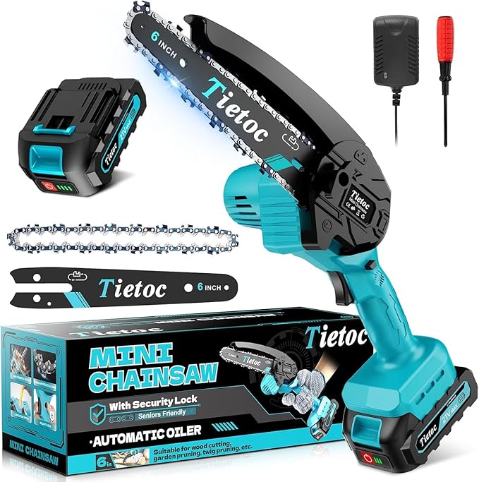Tietoc Mini Chainsaw Cordless 6-inch, Lightweight Handheld Electric Saw, Battery Powered Pruning Chain Saw Kit for Household and Garden, Gifts for Men, Dad, Husband, Gardener and DIYer