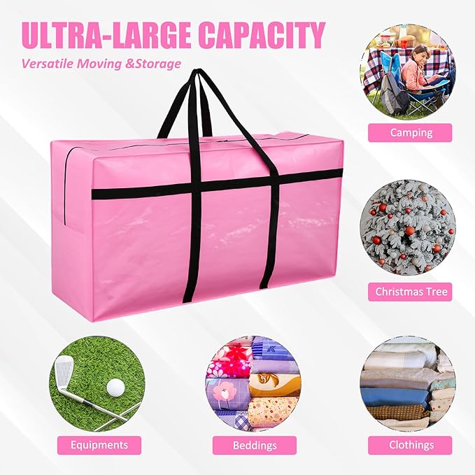 4 Pcs 96 Gallon Large Moving Bags with Zipper and Handles Foldable Storage Duffle Bags Heavy Duty Extra Large Totes for College Dorm Travel Clothes Blankets Bedding Moving (Pink)