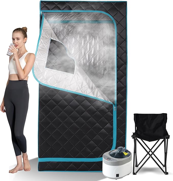 Smartmak Portable Home Steam Sauna, Full Size Personal Sauna Spa Box, Single Saunas Tent with Steamer, 4L 1500W Steam Generator 99 Min Timer, Remote Control, Upgraded Foldable Chair, Mat, Green Border
