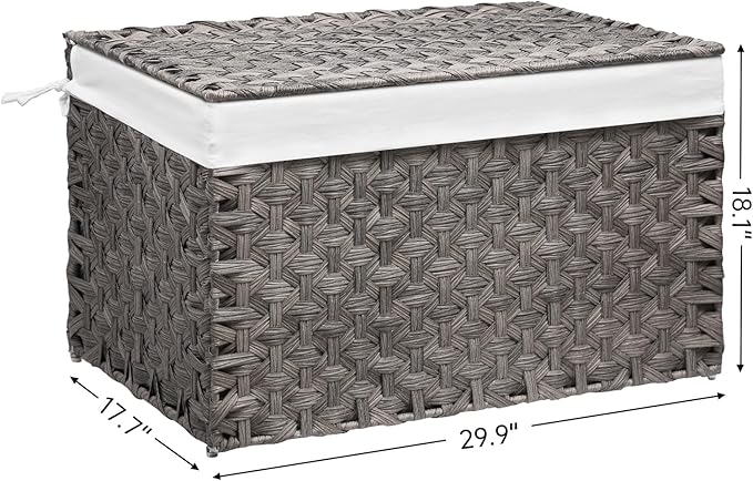 Wicker Storage Basket with Lid, 42.3 Gallon (160L) Large Blanket Basket with Lid, Woven Storage Bin with Handles, Removable Liner, Metal Frame, Foldable, for Bedroom, Laundry Room, Grey