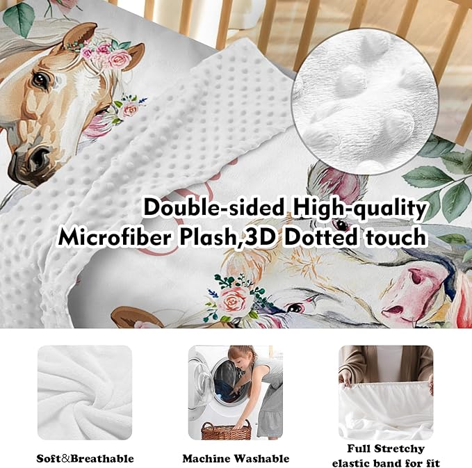 Personalized Nursery Crib Bedding Set: Custom Name Pink Floral 5 Piece Baby Crib Sets with Horse Pattern - Toddler Double Layer Blanket Set, Comfortable Crib Bed Sheets for Baby Grils