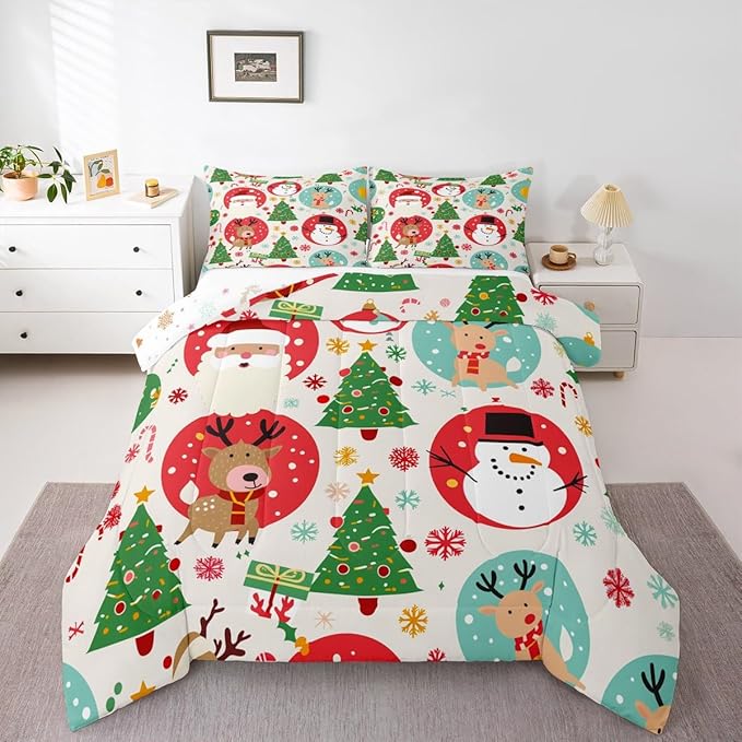 Feelyou Christmas Bedding Set Soft for Boys Girls, Santa Snowman Comforter Set Toddler Size Deer Xmas Tree Duvet Quilt Microfiber Snowflake Bedroom Decor 2 Pcs with 1 Pillow Cases