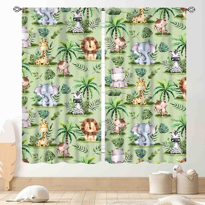 Jungle Safari Animals Curtains, Cartoon Animals Lion Giraffe Elephant Woodland Tropical Leaf Green Window Drapery for Kids Boys Girls Baby Living Room Bedroom Nursery 2 Panels, 52"x84" Inch