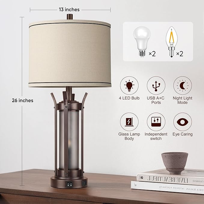 QiMH Farmhouse Table Lamps Set of 2 for Living Room, Beside Lamps for Bedroom with USB A+C Charging Ports, Rustic Nightstand Lamp with Frosted Glass Night Light, 4 Bulbs Included (Oil Rubbed Bronze)