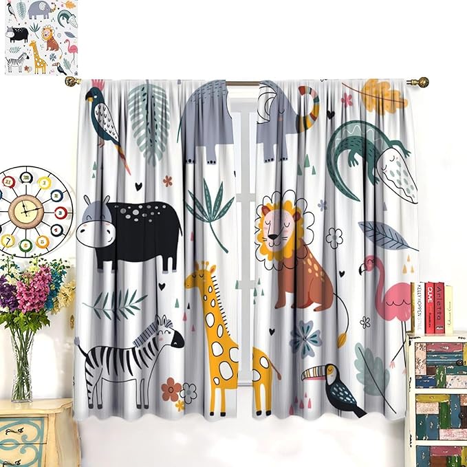 YCness Cartoon Forest Animals Curtains, Woodland Woodland Wild Giraffe Zebra Lion Hippopotamus Window Treatments for Kids Bedroom Living Room Home Nursery Drapes, 42x45 Inch